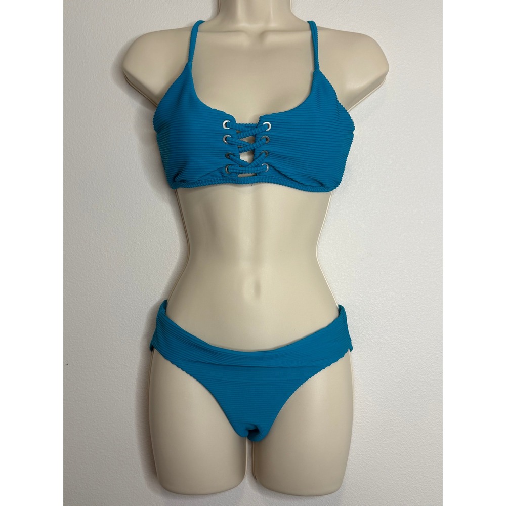 Red Carter Turquoise Blue Ribbed Lace Up Grommet Bikini Set Women's 4